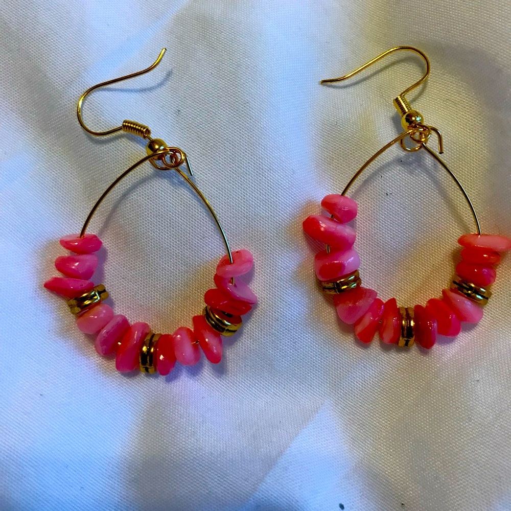 Pink and gold gemstone chip earrings
